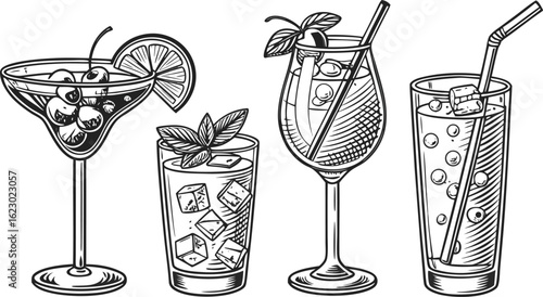 Flat vector drink is sitting in glass with ice, citrus slices, garnishes on transparent background. a detailed vintage-style vector illustration of assorted cocktail and drink glasses. 