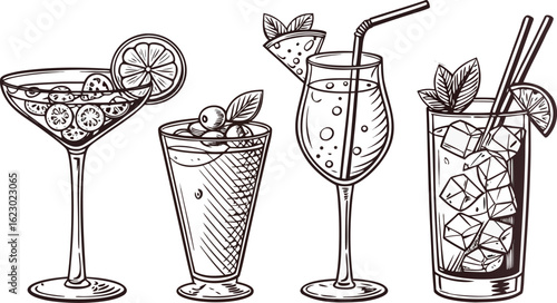 Flat vector drink is sitting in glass with ice, citrus slices, garnishes on transparent background. a detailed vintage-style vector illustration of assorted cocktail and drink glasses. 