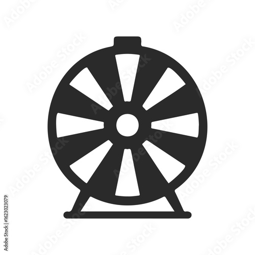 Black and white spinning wheel icon on white background