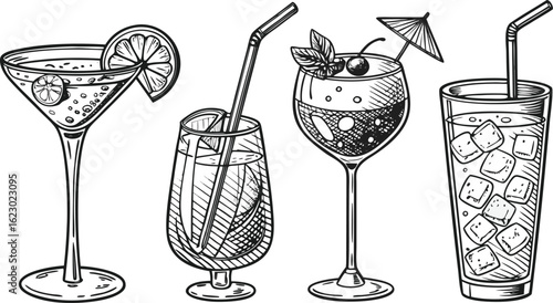 Flat vector drink is sitting in glass with ice, citrus slices, garnishes on transparent background. a detailed vintage-style vector illustration of assorted cocktail and drink glasses. 