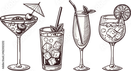 Flat vector drink is sitting in glass with ice, citrus slices, garnishes on transparent background. a detailed vintage-style vector illustration of assorted cocktail and drink glasses. 