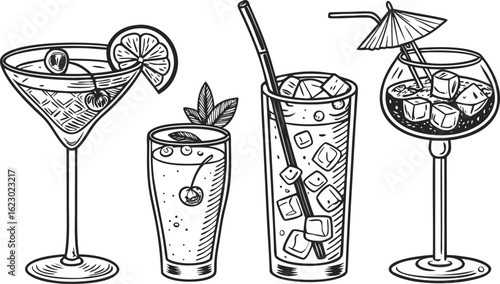 Flat vector drink is sitting in glass with ice, citrus slices, garnishes on transparent background. a detailed vintage-style vector illustration of assorted cocktail and drink glasses. 