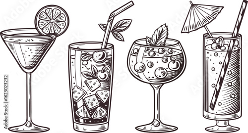 Flat vector drink is sitting in glass with ice, citrus slices, garnishes on transparent background. a detailed vintage-style vector illustration of assorted cocktail and drink glasses. 