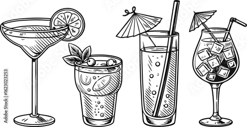 Flat vector drink is sitting in glass with ice, citrus slices, garnishes on transparent background. a detailed vintage-style vector illustration of assorted cocktail and drink glasses. 