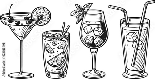 Flat vector drink is sitting in glass with ice, citrus slices, garnishes on transparent background. a detailed vintage-style vector illustration of assorted cocktail and drink glasses. 