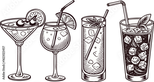 Flat vector drink is sitting in glass with ice, citrus slices, garnishes on transparent background. a detailed vintage-style vector illustration of assorted cocktail and drink glasses. 