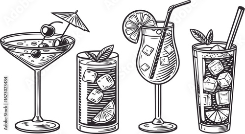Flat vector drink is sitting in glass with ice, citrus slices, garnishes on transparent background. a detailed vintage-style vector illustration of assorted cocktail and drink glasses. 