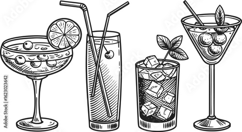 Flat vector drink is sitting in glass with ice, citrus slices, garnishes on transparent background. a detailed vintage-style vector illustration of assorted cocktail and drink glasses. 