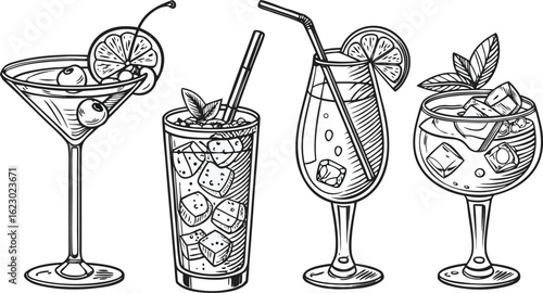 Flat vector drink is sitting in glass with ice, citrus slices, garnishes on transparent background. a detailed vintage-style vector illustration of assorted cocktail and drink glasses. 