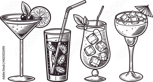 Flat vector drink is sitting in glass with ice, citrus slices, garnishes on transparent background. a detailed vintage-style vector illustration of assorted cocktail and drink glasses. 