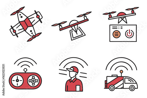 Set of drone and remote control icons isolated on white background