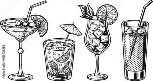 Flat vector drink is sitting in glass with ice, citrus slices, garnishes on transparent background. a detailed vintage-style vector illustration of assorted cocktail and drink glasses. 