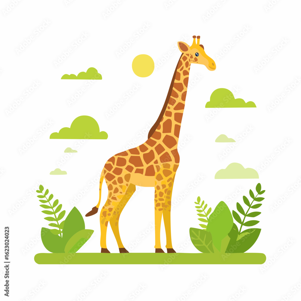 Fototapeta premium Aesthetic giraffe illustration standing tall in a natural landscape with sun and clouds