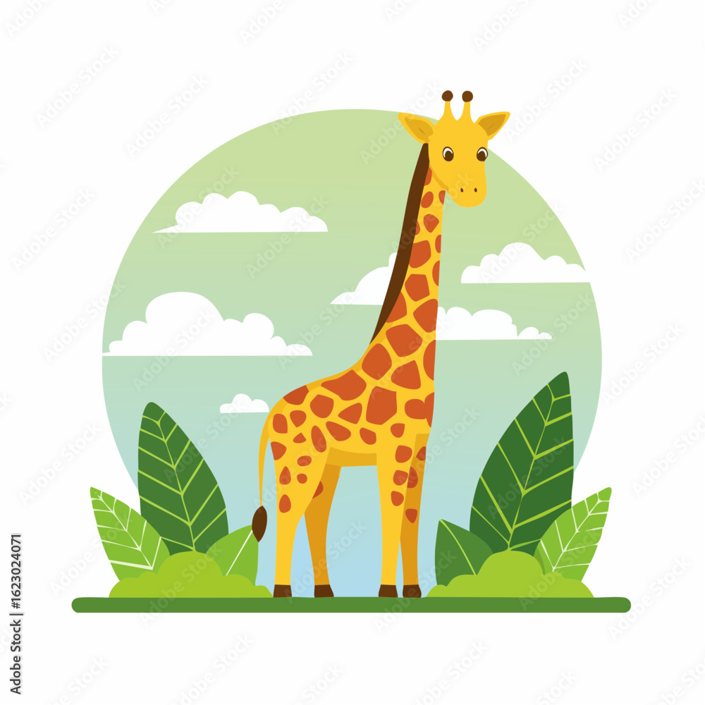 Fototapeta premium Cartoon Giraffe Amidst Lush Greenery, A Whimsical Wildlife Illustration with Serene Landscape