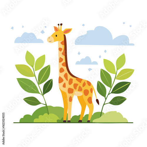 Cartoon Giraffe Standing Tall Amidst Lush Greenery Under a Cloudy Sky Illustration