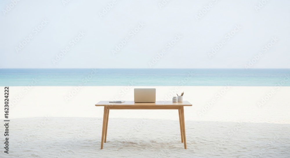 Fototapeta premium Minimalist office space on a white sand beach with a single desk and laptop