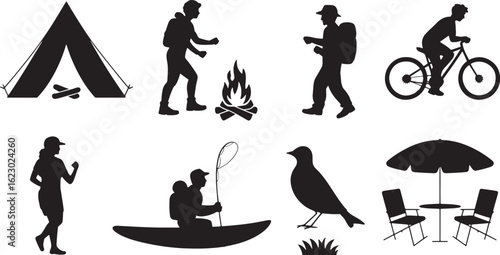 Silhouette Outdoor Activities Camping Fishing Hiking Biking Kayaking and Relaxing in Nature
