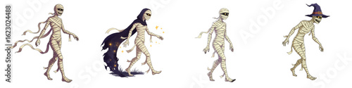 Set of isolated mummies walking at night with different appearances