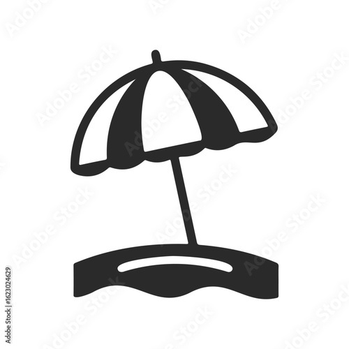 Black and white beach umbrella icon on sandy shoreline