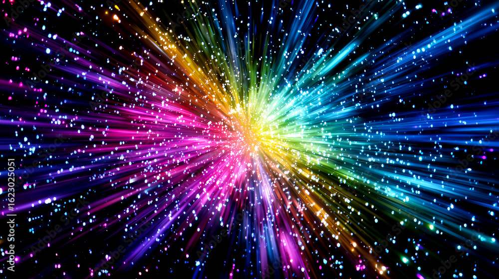 Fototapeta premium 星屑のような白粒子が舞うレインボー放射スピード背景