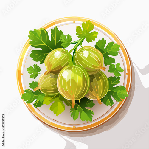 Artistic portrayal of gooseberries and leaves arranged on a white ceramic plate