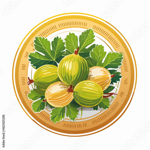 Elegant gooseberry illustration featuring fresh fruit and vibrant green leaves design