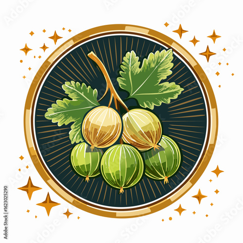 Illustration of fresh gooseberries in a golden emblem, symbolizing natural abundance and health