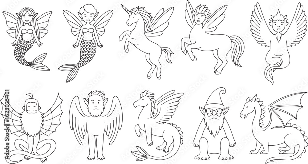 Obraz premium Enchanting Line Art Collection of Mythical Creatures on Transparent Background for Creative Projects and Designs