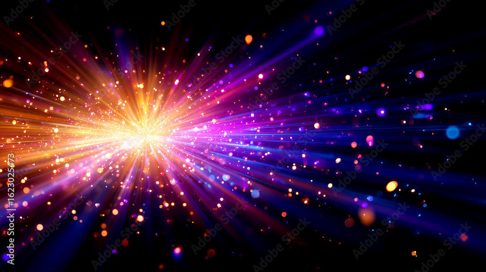 Naklejka premium 横方向に広がるオレンジ光束と粒子のフレア背景