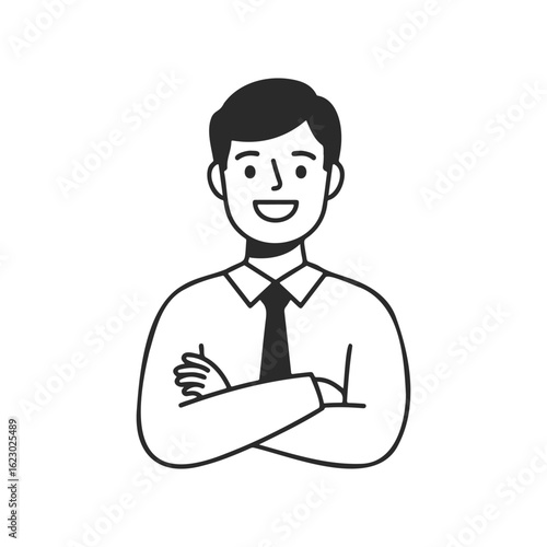 Smiling young male caucasian cartoon with arms crossed in shirt and tie