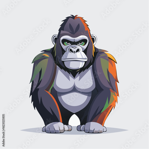 Illustrative depiction of a strong gorilla with determined gaze and colorful details