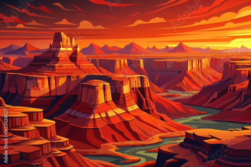 Grand Canyon landscape with vibrant red and orange cliffs glowing under a clear, sunlit sky. A breathtaking view of nature’s raw beauty and scale