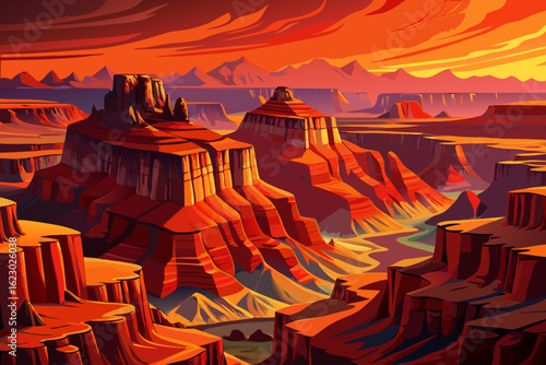 Grand Canyon landscape with vibrant red and orange cliffs glowing under a clear, sunlit sky. A breathtaking view of nature’s raw beauty and scale