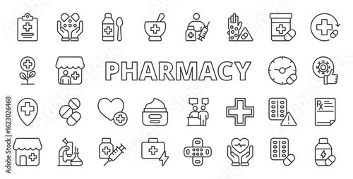 Pharmacy icons in line design. Pharmacy, medicine, prescription, pharmacist, drugstore, pills, medication on white background vector. Pharmacy editable stroke icons