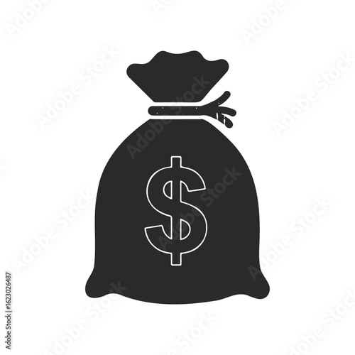 Black silhouette of money bag with dollar symbol on white background