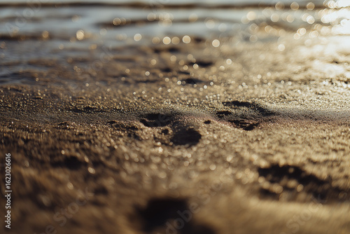 Wallpaper Mural Close-up of footprints in wet beach sand with sea glittering in background, golden hour lighting Torontodigital.ca