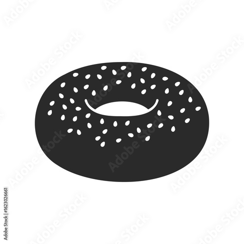 Monochrome bagel icon with seeds on white background