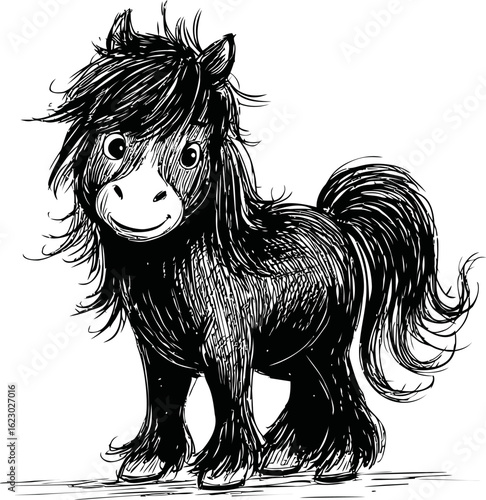 Cute fluffy pony character with big eyes in black and white illustration. Vector illustration