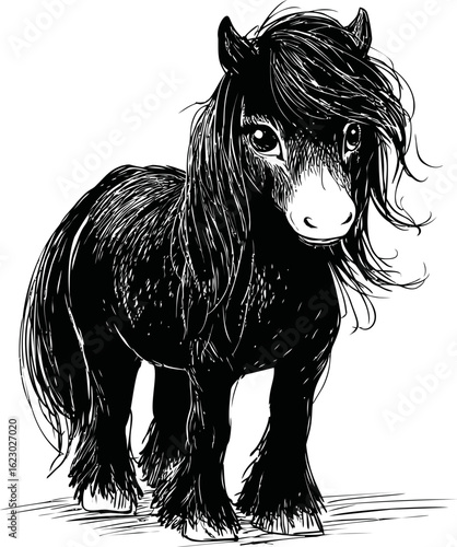 Black and white sketch of a cute pony with long mane. Vector illustration