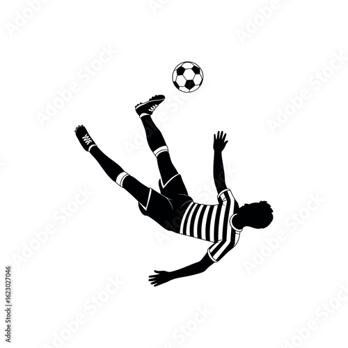 Black and white silhouette of a soccer player kicking a ball in mid-air football