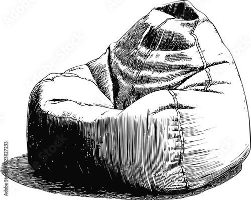 Monochrome sketch of a bean bag chair with detailed shading and texture. Vector illustration