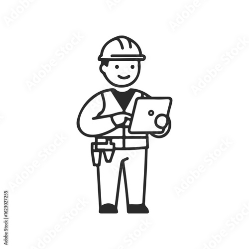 Cartoon construction worker with hard hat and tablet