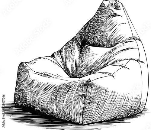 Black and white sketch of a bean bag chair with detailed shading lines. Vector illustration