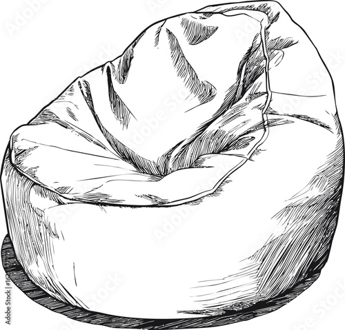 Line art illustration of a bean bag chair in black and white, artistic sketch. Vector illustration