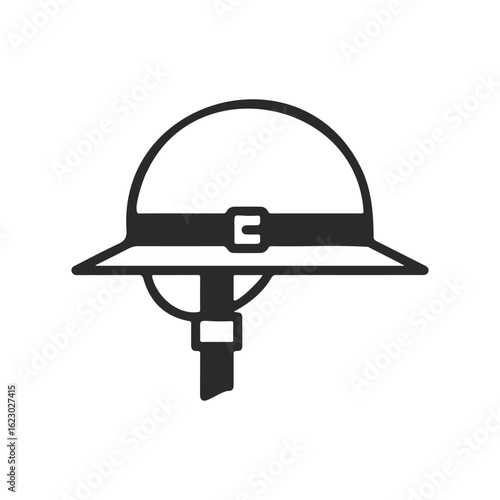 Monochrome icon of a pith helmet with chin strap