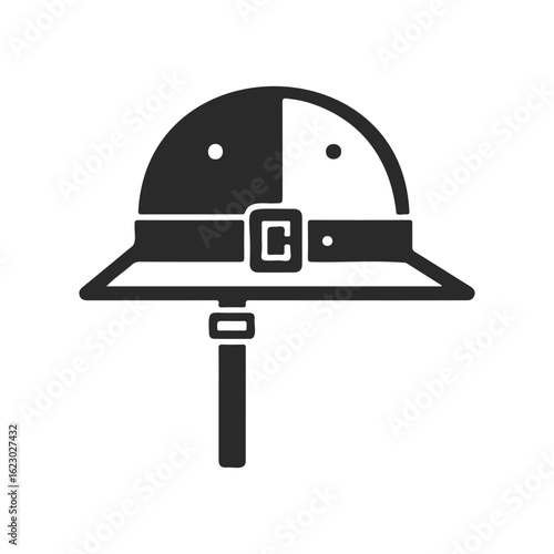 Iconic black and white safari pith helmet symbol with chin strap