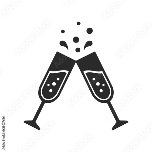 Icon of two champagne glasses clinking with bubbles in black silhouette