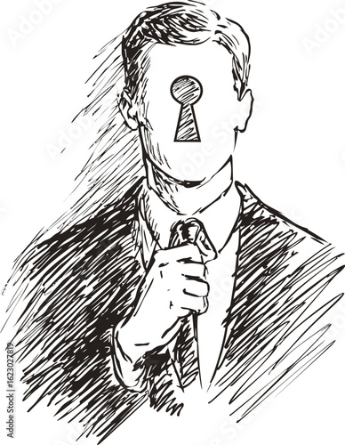 Drawing of a man in a suit with a keyhole face in black and white sketch. Vector illustration