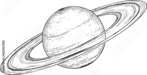 Detailed black and white line drawing of planet saturn with prominent rings. Vector illustration