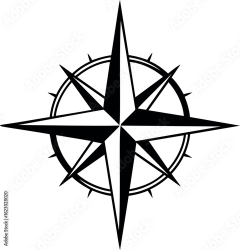 Black and white compass rose with sharp edges and nautical theme illustration. Vector illustration